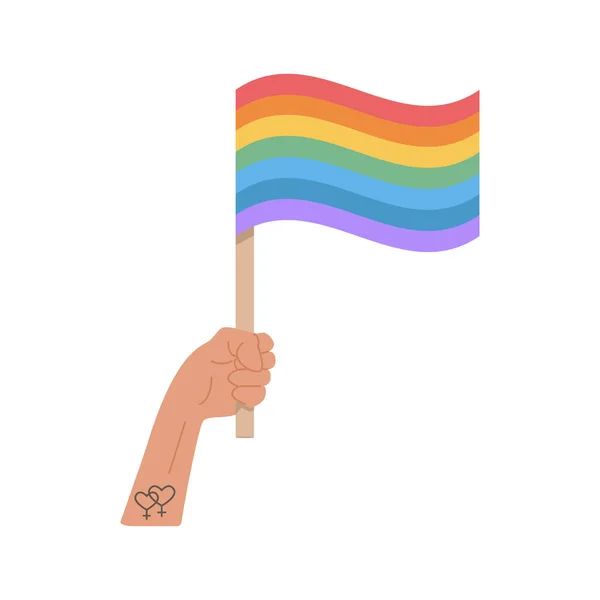 Рука с татуировкой держит радужный флаг LGTB. Празднование месяца гордости. Символы парада LGTBQ. Икона или наклейка в пастельных тонах. Векторная иллюстрация на белом фоне. — стоковый вектор
