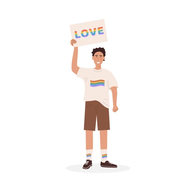 Um gay em camisa com bandeira do arco-íris no desfile orgulho segurando cartaz com a palavra Amor. Homens em manifestação pela igualdade de direitos. Ativista LGTB. Diversidade sexual. Caracteres planos vetoriais sobre fundo branco. —  Vetores de Stock