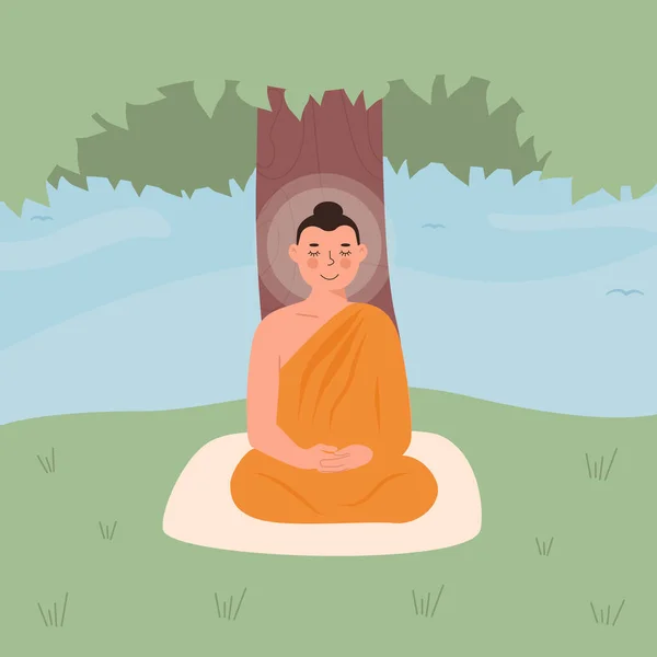 Lindo y pacífico Señor Buda en túnica amarilla meditando en postura de loto con los ojos cerrados. Maestro religioso budista o Dios. Vector plano personaje de dibujos animados aislado sobre fondo blanco para los niños libro. — Vector de stock