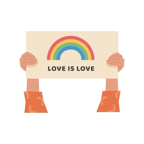 Uma pessoa segurando cartaz com arco-íris e slogan Love is Love. Mãos com banner com sinal gay LGBT ou símbolo para a celebração do mês de orgulho. Desfile LGTBQ. Ilustração de desenho animado plano vetorial em branco. —  Vetores de Stock