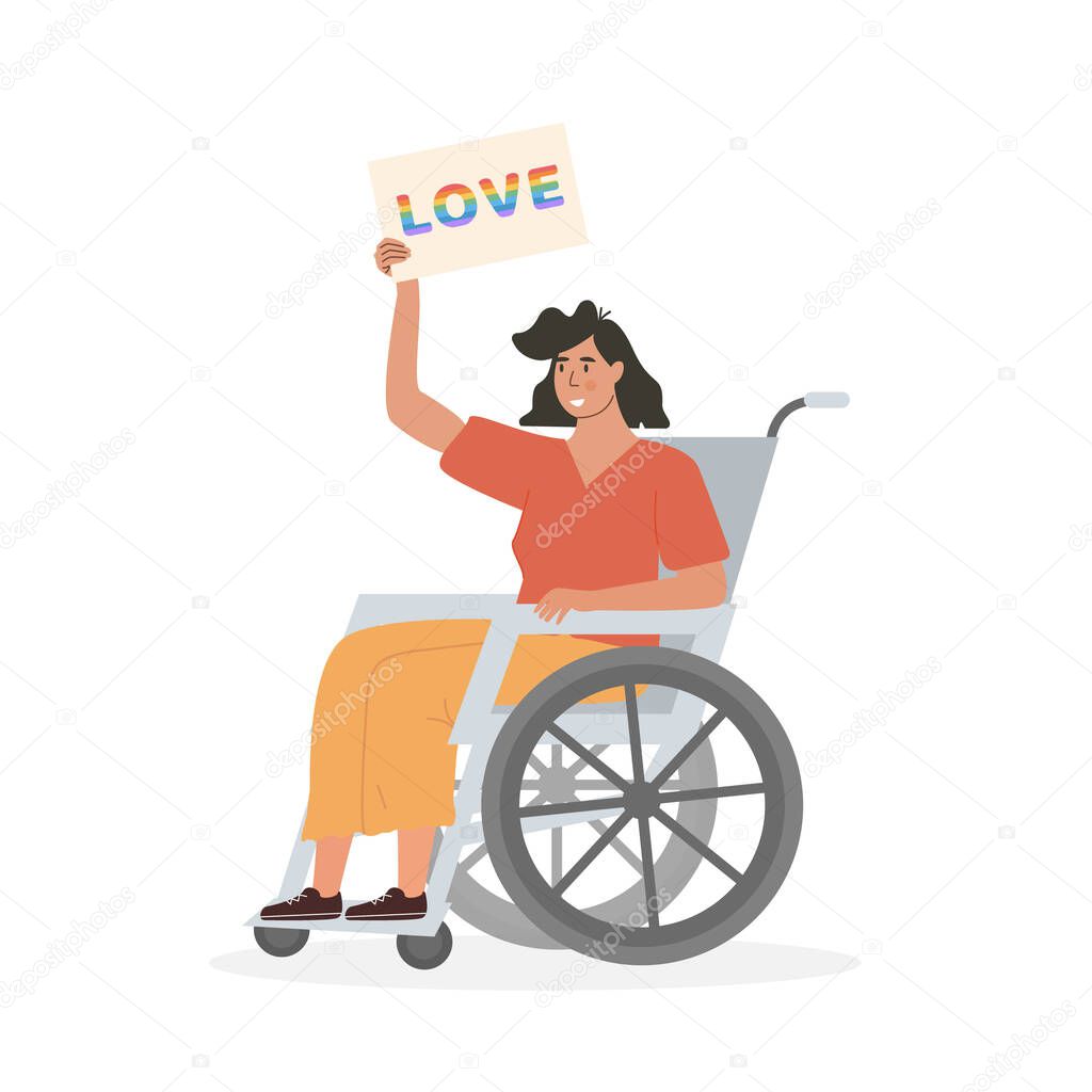 LGTB activist on wheelchair holding placard with word Love in rainbow colors at pride parade. Handicapped Disabled Lesbian Girl on protest for equal rights. Vector flat character on white. Diversity.