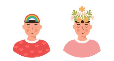 Bir grup insan. Başında çiçekler ve gökkuşağı var. Pozitif düşünce, özbakım, manevi olarak sağlıklı, yavaş yaşam. Âşık olmak. Meditasyon, farkındalık. Hippi. Eşcinsel. Akıl sağlığı konsepti. Vektör illüstrasyonu