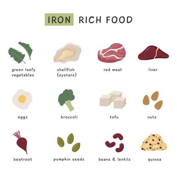 Iron rich food sources and health benefits. Infographic poster for