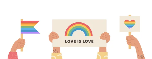 Eine Menschenmenge mit Schwulenfahne, Plakat mit lgbt-Regenbogen und Schildern während der Feierlichkeiten zum Pride-Monat. Hand mit Symbolen für die LGTBQ-Parade. Sexuelle Vielfalt. Vektorelemente isoliert auf weißem Hintergrund. — Stockvektor
