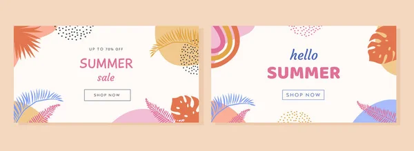 Buntes Sommerbanner mit tropischen Blättern. Trendige abstrakte horizontale Plakatvorlage mit Mustern aus Handflächen und geometrischen Elementen. Modernes Sommerschlussverkauf Hintergrunddesign, Rabattgutschein, Anzeige. Vektor — Stockvektor