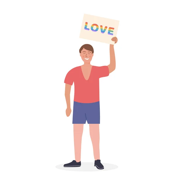Гей на параде гордости, держащий плакат со словом Любовь в радужных цветах. Люди на демонстрации за равные права. Активисты LGTB. Сексуальное разнообразие. Векторные плоские символы на белом фоне. — стоковый вектор