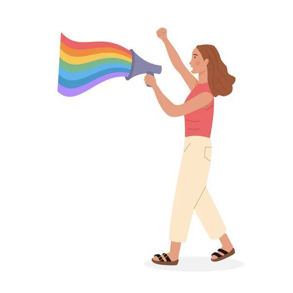 Ativista LGTB segurando megafone ou alto-falante com cores do arco-íris no desfile de orgulho. Lésbicas Queer Girl caminhando em protesto pela igualdade de direitos. Diversidade sexual. Caráter plano vetorial sobre fundo branco. —  Vetores de Stock