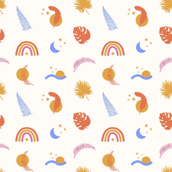 Bohemien Tropical Summer Seamless Pattern con elementi geometrici astratti e palme floreali tropicali in colori vivaci. Trendy boho disegnato a mano forme scarabocchiare in stile piatto contemporaneo. Vettore moderno. — Vettoriale Stock