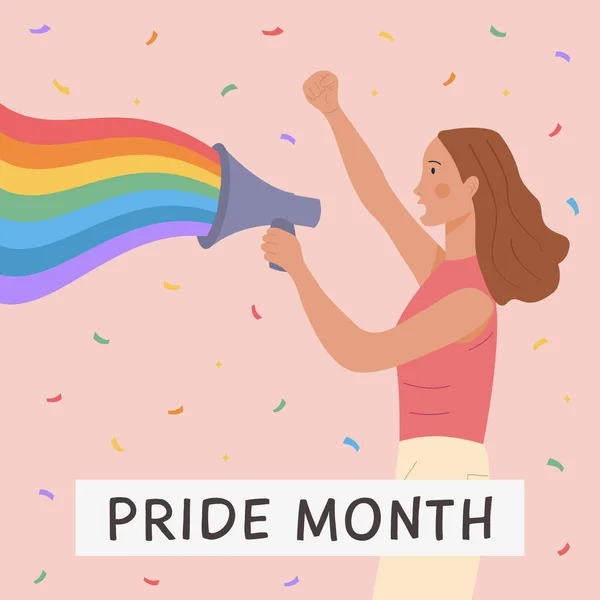 Vector Square Banner con persona LGBT sosteniendo megáfono con arco iris. Símbolos LGBTQ. Publicación en redes sociales, historia o tarjeta de felicitación sobre fondo rosa. Personaje de estilo plano Ilustración para el mes de orgullo. — Vector de stock