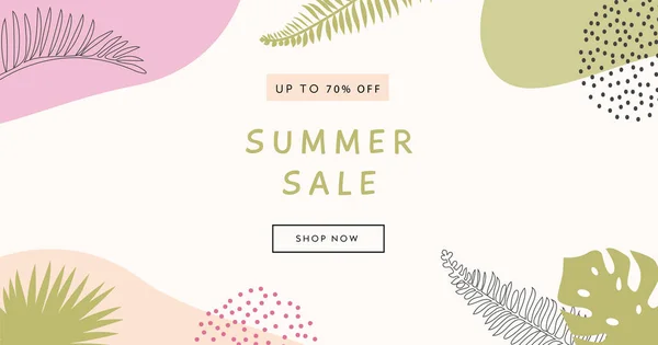 Bohemisk sommar försäljning horisontell banner mall. Uppsättning trendiga abstrakta bakgrund med tropiska palmblad och geometriska element. Modern färgstark sommardesign för webb internet annons. Platt vektor. — Stock vektor