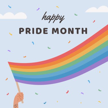 Mavi gökyüzünde LGBT gökkuşağı bayrağı tutan kişi eliyle Vector Square Banner. Sosyal medya paylaşımı ya da hikaye. LGBTQ sembollü bir poster. Gurur ayı için düz stil illüstrasyon. Tebrik kartı.