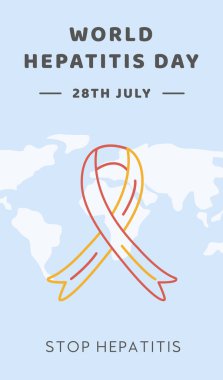 Dünya Hepatit Günü. Dikey Sancak, sosyal medya paylaşımı veya dünya haritalı sosyal medya hikayesi. Kırmızı ve sarı şerit ikonlu tıbbi afiş. Düz Vektör illüstrasyonu.