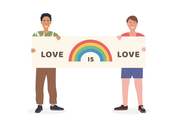 Um casal gay no desfile de orgulho segurando cartaz com bandeira do arco-íris e slogan Love is Love. Homens em manifestação pela igualdade de direitos. Ativistas LGTB. Diversidade sexual. Caracteres vetoriais sobre fundo branco. —  Vetores de Stock