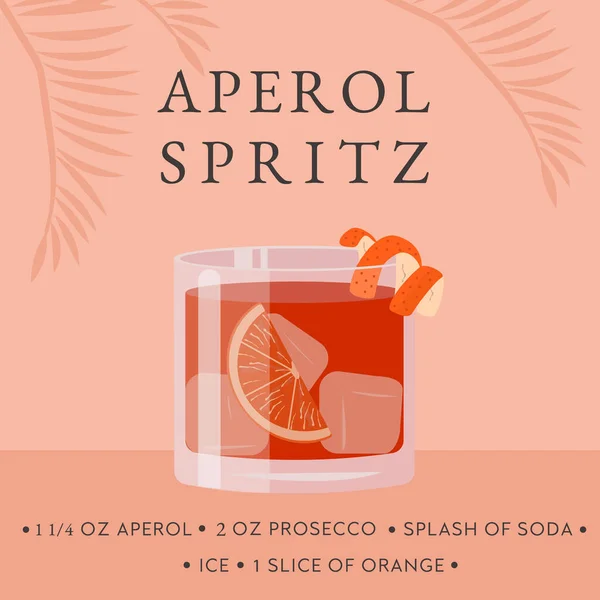 Aperol Spritz koktél recept. Klasszikus nyári alkoholos ital üveg jég és narancs szelet trópusi tenyér árnyék. Olasz aperitif citrushéjjal. Vektorlapos illusztráció. — Stock Vector