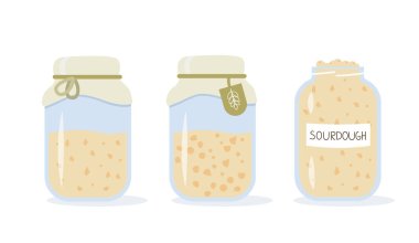 Set of icons of sourdough bread starter in mason jar for home baking. Homemade yeast dough in glass bottle. Healthy organic gluten free diet. Flat cartoon vector illustration. clipart