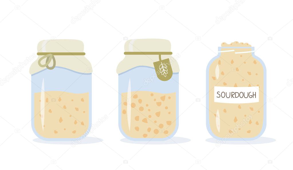 Set of icons of sourdough bread starter in mason jar for home baking. Homemade yeast dough in glass bottle. Healthy organic gluten free diet. Flat cartoon vector illustration.