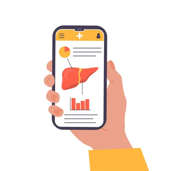 Concept of mobile app on screen explaining Liver Human Organ. Online liver check up examination. Medical application. Consulting Doctor on Internet. A hand holding mobile phone. Flat Cartoon Vector. — Vector de stock