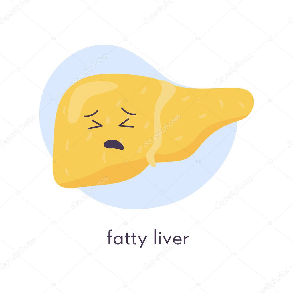 Unhealthy fatty liver character. Sad kawaii crying suffering icon of human organ on blob background. Vector illustration in flat cartoon style isolated on white.