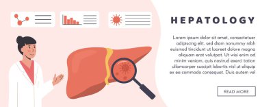 Web pankartı şablonu. Gastroenteroloji ya da Hepatoloji Hastanesi. Büyüteç camlı karaciğer organı Hepatik Bakteri. Hepatit tedavisi. Karaciğer araştırması yapan bir araştırmacı. Danışman doktor. Düz Vektör İllüstrasyonu