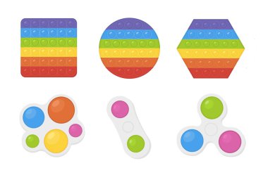 Popüler Pop It Fidgets 'ın gökkuşağı renkleri ve basit gamzeli el oyuncakları. Stres önleyici, çocuklar için köpüklü oyuncaklar. Duyusal hareketler kare şeklinde ve daire şeklinde. Görüntü.