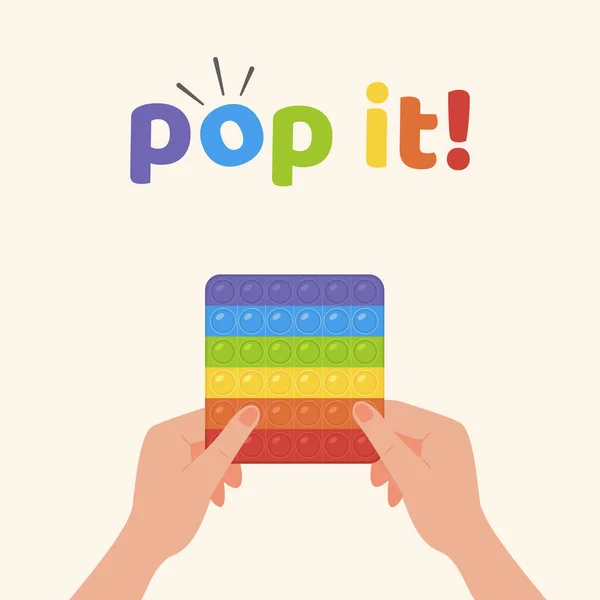 Quadratische Banner Pop it toy. Erwachsene Hände mit dem beliebten Fidget schieben Blasen. Antistress-Spielzeug in Regenbogenfarbe. Sensorisches Zappeln in quadratischer Form. Kindertrend. Vektorillustration im flachen Stil. — Stockvektor