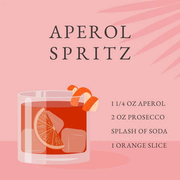Aperol Spritz Cocktail Rezept. Klassisches alkoholisches Sommergetränk im Glas mit Eis und Orangenscheibe mit tropischem Palmenschatten. Italienischer Aperitif auf Felsen mit Zitrusschalen. Vektorflache Illustration. — Stockvektor