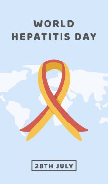 Dünya Hepatit Günü. Dikey Sancak, sosyal medya paylaşımı veya dünya haritalı sosyal medya hikayesi. Kırmızı ve sarı kurdele ikonlu tıbbi poster. Düz Vektör illüstrasyonu.