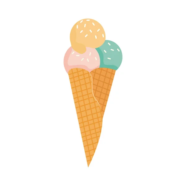 Vaflový kornout s různými ovocnými kopečky zmrzliny. Zelená, žlutá a růžová želatina nebo sorbet. Vektorové ilustrace v plochém kresleném stylu izolované na bílém. — Stockový vektor