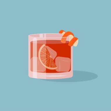 Negroni Cocktail in old fashioned glass with ice and orange slice. Aperol or Campari Alcoholic Beverage with citrus peel. Italian aperitif on rocks. Vector illustration in flat cartoon style.