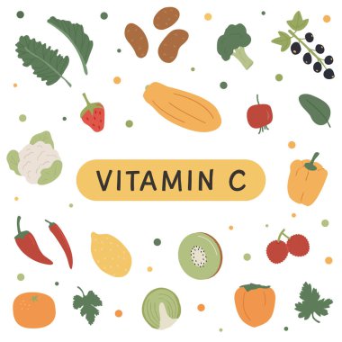 Set of Vitamin C foods for healthy diet. Square banner or card with fruits and vegetables enriched with ascorbic acid. Dietetic food, organic nutrition composition. Vector illustration in flat style.