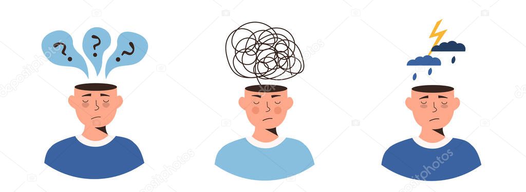 Set of depressed or frustrated people with nervous problem. Distorted thinking, feel anxiety and confusion of thoughts. Mental disorder concept. Chaos in consciousness. Boy with anxiety vector flat.