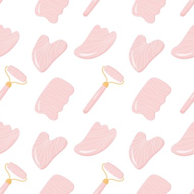 Rose Quartz, Gua Sha Tırmalama Masaj Aracı ve Roller ile kusursuz desen. Farklı şekillerde doğal pembe kazıyıcı. Moda cilt bakımı. Düz biçimli vektör arkaplanı.