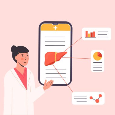 Cep telefonunda Doktor Online Danışmanlık kavramı. Ciğer İnsan Organı 'nı açıklayan bir uygulama. İnternette karaciğer üzerine çalışan kadın araştırmacı. Tıbbi bilimci tedavi öneriyor. Vektör İllüstrasyonu