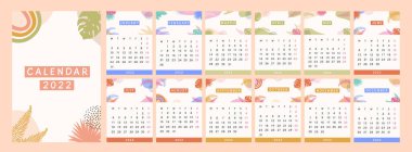 Modern takvim 2022. Parlak renkli elli tropik soyut planlamacı bohem tarzında egzotik bitkiler çizdi. Günlük sayfaları için minimalist soyut yaprak elementleri. Vektör düz resimleme.