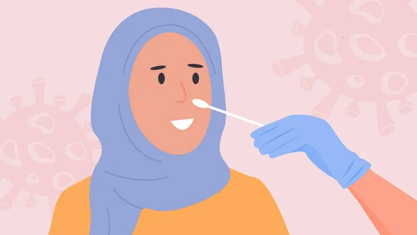 Une infirmière en gants de latex passe un test d'écouvillonnage nasal. Test PCR Covid-19. Femme musulmane dans le hijab faire des tests de Coronavirus par un médecin. Illustration vectorielle en style plat. — Image vectorielle