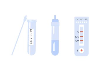 Covid-19 test kitinin simgeleri. Coronavirus antikor kan testi. Hızlı streptokok. Hızlı antijen tespit RADT. Vektör illüstrasyonu beyazda izole edildi.