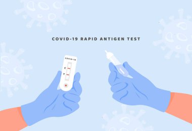 Lateks eldivenli bir doktor Covid-19 hızlı antijen testi ve test tüpü tutuyor. Coronavirus Express Antidody Pozitif Kan Testi ve Tıbbi Sonda ile bir hemşire eli. Vektör İllüstrasyonu.
