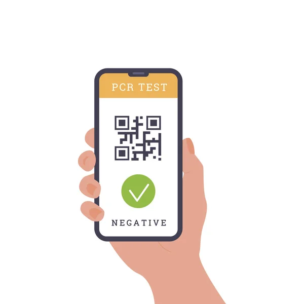 Concepto de viajar durante el Coronavirus. Persona sosteniendo un teléfono. Una aplicación con código QR como prueba de la prueba nasal de hisopo PCR pre-viaje. Ajuste al certificado de mosca. Ilustración plana vectorial aislada en blanco. — Vector de stock