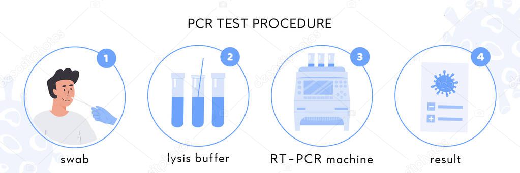 Covid-19 test procedure Infographic. A doctor in latex gloves takes nasal swab test. Male patient doing Coronavirus testing. Swap sample in lysis buffer, RT PCR machine and certificate. Vector. 