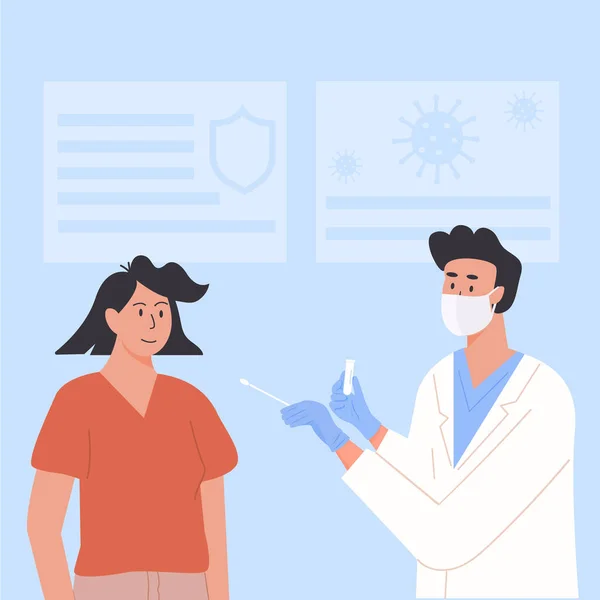 Γιατρός ή νοσοκόμος που φοράει μάσκα προσώπου και γάντια λατέξ και κάνει ρινική εξέταση PCR από γυναίκα ασθενή στην κλινική. Διαγνωστική διαδικασία PCR Covid-19. Εικονογράφηση διάνυσμα σε επίπεδη στυλ. — Διανυσματικό Αρχείο