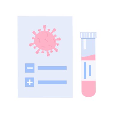 Tıbbi Test Sonuçları. Test tüpü ikonlu Covid-19 sertifikası. Coronavirus bakterisi ve pozitif ya da negatif işaretli belge. Vektör düz elementleri beyaz arkaplanda izole et.
