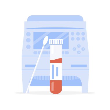 Covid-19 RT PCR machine and testing tube with swab sample or probe with blood. Thermocycler for Coronavirus test. Thermal cycler for polymerase chain reaction. DNA amplifier. Vector illustration. clipart
