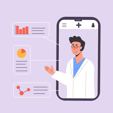 Erkek terapistle yapılan akıllı telefon ekranı çevrimiçi tanı koyuyor. Doktor konsültasyonu ya da tavsiyesi olan bir uygulama. Diyagramı ve molekülü olan bir tıp bilimcisi. Doktora sor. Vektör illüstrasyonu.