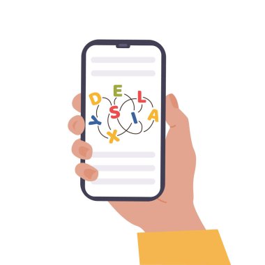 Disleksi konsepti. Kafası karışık kelimeler ve harflerle dolu bir cep telefonunu tutan bir insan. Okuyamadım. Yazım hatası. Yazım hatası. Engelli olmayı öğreniyorum. Düz vektör çizimi beyaz üzerine izole edildi.