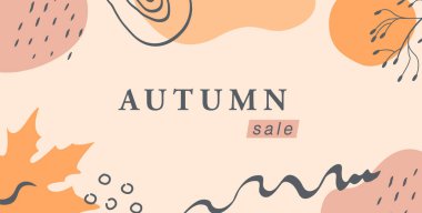 Boho Autumn yatay afiş şablonu. Sonbahar mevsimi orman yaprakları, tropikal bitkiler ve geometrik şekillerle son moda soyut arka plan. Düz biçimli vektör çerçeve çizimi.