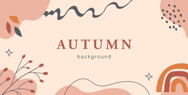 Шаблон горизонтального баннера Boho Autumn. Модный абстрактный фон с осенними лесными ветвями, листьями и радугой. Векторная иллюстрация в плоском стиле. — стоковый вектор
