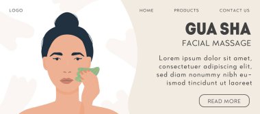 Gua sha yüz masajı için web pankartı şablonu. Masaj yapan ve cildini tırmalayan bir kadın. Doğal yeşil yeşim taşlı kazıyıcı. Yüz kaldırma, moda güzellik tedavisi. Düz biçimli vektör illüstrasyonu.