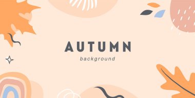 Sonbahar modu yatay afiş şablonu. Sonbahar mevsimi orman yaprakları, şekiller ve çizgiler çizerek son moda soyut arka plan. Düz biçimli vektör illüstrasyonu.