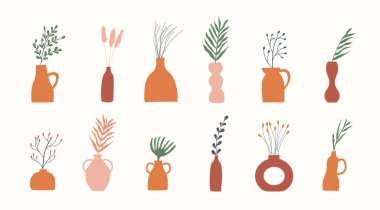Yeşil ve kuru bitkilerle dolu kilden vazolar. Toprak sürahisinde dallar ve dallar. İskandinav Boho tarzında rahat ev dekorasyonu için minimalist yaprak döşemesi. Vektör illüstrasyonu beyazda izole edildi
