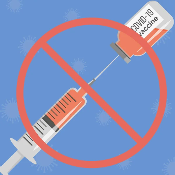Lahvička s vakcínou s injekční stříkačkou a červeným zakázaným nápisem na pozadí koronavirových bakterií. Protest proti očkování. Odmítám preventivní medicínu. Covid-19 Odmítnutí vakcíny. Vektor. — Stockový vektor